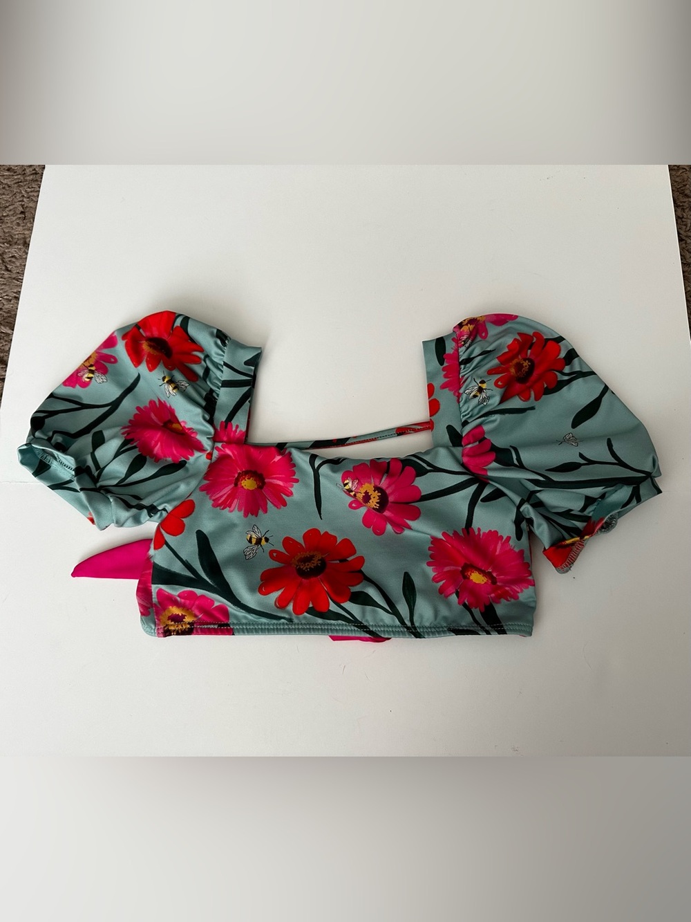 Pepita & Me Girls Floral Puff-Sleeve Swim Top in Aqua Pink & Red Blooms size 8